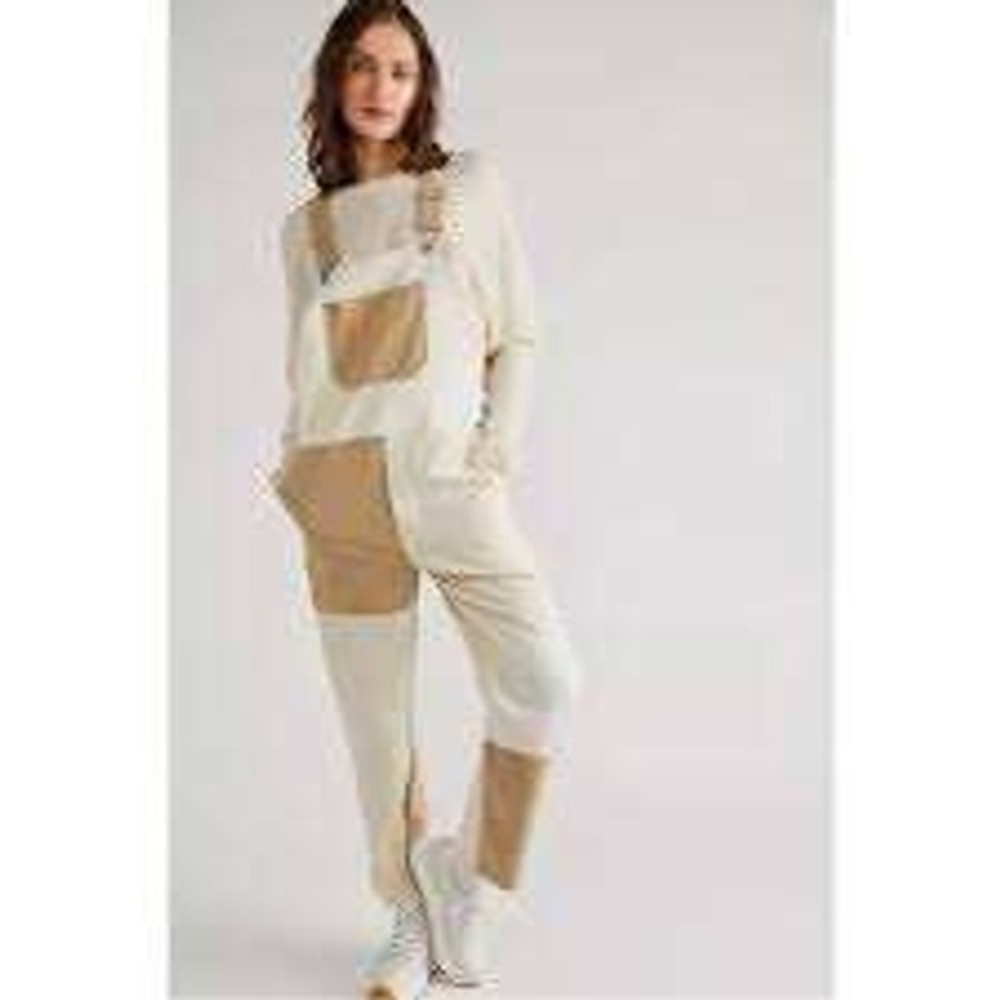 Blue Blush Patchwork Denim Overalls Neutral Colorblock Frayed Edge Womens Medium